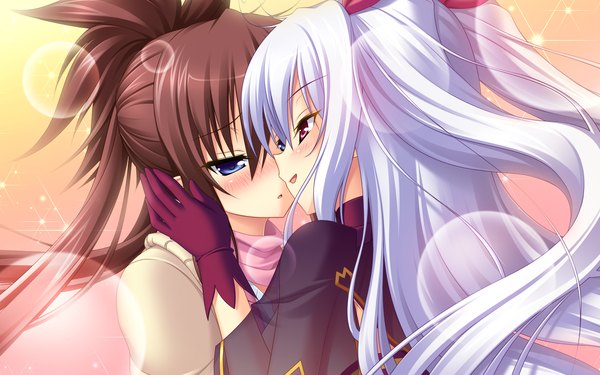 Anime picture 1920x1200 with chu x chu idol nakauchi chiyu chuchu astram akifumi ozawa long hair blush highres blue eyes red eyes brown hair wide image multiple girls game cg white hair shoujo ai almost kiss girl 2 girls