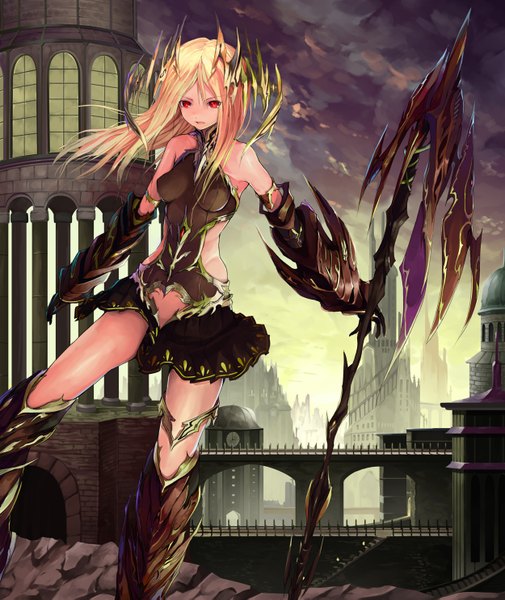 Anime picture 1250x1485 with original pixiv fantasia pixiv fantasia fallen kings solru (tyappygain) single long hair tall image looking at viewer highres breasts open mouth light erotic blonde hair red eyes standing bare shoulders sky cloud (clouds) horn (horns) girl