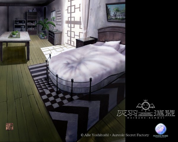 Anime picture 1280x1024 with haibane renmei abe yoshitoshi signed indoors copyright name no people plant (plants) pillow bed curtains table potted plant picture blanket carpet nightstand