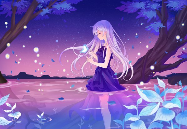 Anime-Bild 2172x1500 mit original shati single long hair highres red eyes standing silver hair outdoors profile night partially submerged looking down girl dress plant (plants) tree (trees) water black dress insect