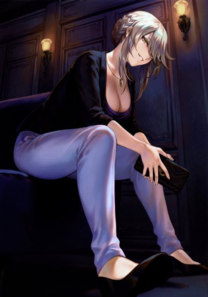 Anime picture 4909x6977 with fate (series) fate/grand order artoria pendragon (all) artoria pendragon (lancer alter) mashuu (neko no oyashiro) single tall image looking at viewer fringe highres short hair breasts light erotic blonde hair smile hair between eyes large breasts sitting holding yellow eyes