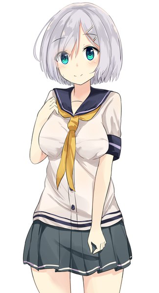 Anime picture 961x1771 with kantai collection hamakaze destroyer kugehi single tall image looking at viewer blush fringe short hair breasts simple background smile hair between eyes large breasts standing white background silver hair pleated skirt aqua eyes short sleeves