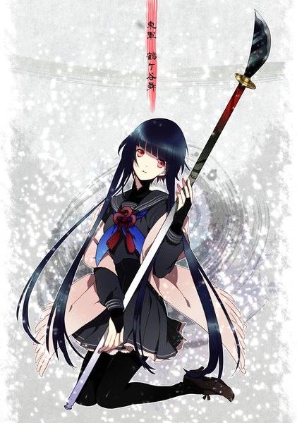 Anime picture 1450x2064 with original tamahagane gakuen touransai kai28 single long hair tall image black hair red eyes looking away grey background girl thighhighs weapon black thighhighs serafuku scarf spear naginata