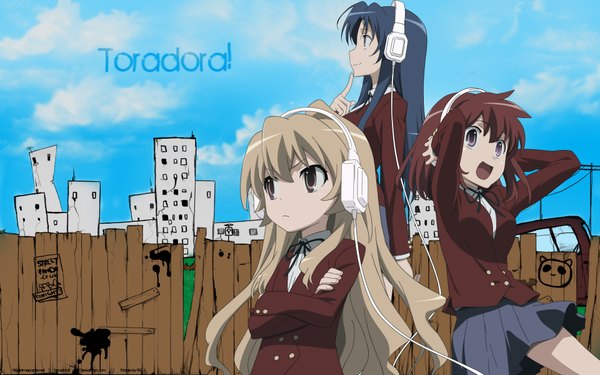 Anime picture 1920x1200 with toradora j.c. staff aisaka taiga kawashima ami kushieda minori tanaka masayoshi highres wide image vector third-party edit serafuku headphones