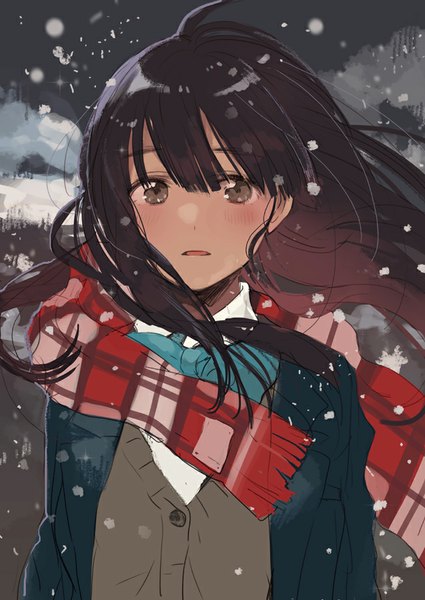 Anime picture 637x900 with original fly (marguerite) single tall image looking at viewer blush brown hair ahoge outdoors parted lips wind snowing winter close-up snow girl bowtie scarf plaid scarf