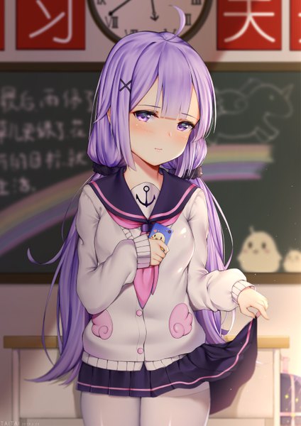 Anime picture 4134x5846 with azur lane unicorn (azur lane) unicorn (amusement park date) (azur lane) taitai single long hair tall image looking at viewer blush fringe highres hair between eyes standing purple eyes twintails holding absurdres purple hair ahoge indoors