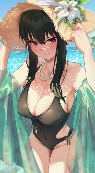 Anime picture 2606x4705 with spy x family yor briar solar (happymonk) single long hair tall image looking at viewer blush fringe highres breasts light erotic black hair hair between eyes red eyes large breasts standing sky outdoors arms up
