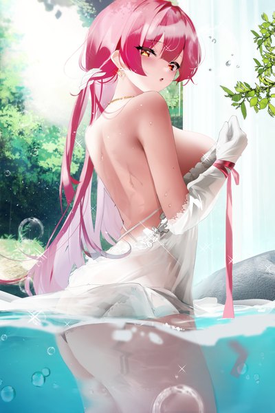 Anime picture 3366x5047 with virtual youtuber hololive houshou marine fantongjun single long hair tall image looking at viewer blush fringe highres breasts open mouth light erotic red eyes large breasts standing bare shoulders yellow eyes absurdres