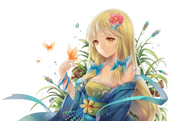 Anime picture 1414x1000 with original tidsean single long hair blonde hair white background yellow eyes looking away traditional clothes japanese clothes hair flower light smile butterfly on hand girl hair ornament flower (flowers) bow hair bow bracelet kimono