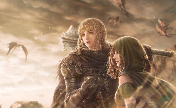 Anime picture 1200x737 with dark souls (series) dark souls dark souls 2 from software emerald herald jdori long hair fringe blonde hair brown hair wide image standing multiple girls holding signed looking away sky cloud (clouds) upper body outdoors
