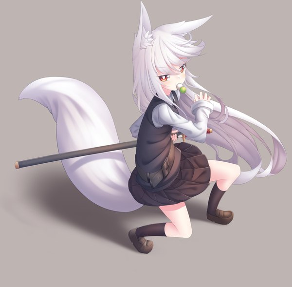 Anime picture 3608x3541 with original kzy090 single looking at viewer highres red eyes animal ears absurdres white hair tail long sleeves animal tail pleated skirt fox ears fox tail fox girl fighting stance sheathed girl skirt