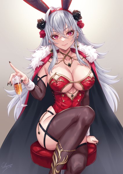 Anime picture 1500x2121 with original sakiyamama single long hair tall image looking at viewer fringe breasts light erotic simple background hair between eyes red eyes large breasts sitting holding signed animal ears cleavage silver hair ahoge