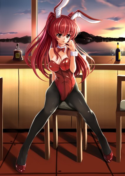 Anime picture 848x1200 with original yumemi (kiowa) single long hair tall image breasts light erotic sitting brown eyes animal ears red hair bunny ears finger to mouth bunny girl girl bunnysuit