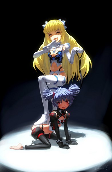 Anime picture 992x1520 with busou shinki altrene altines observerz long hair tall image blush short hair open mouth light erotic blonde hair smile red eyes twintails multiple girls blue hair eyes closed high heels short twintails mechanical
