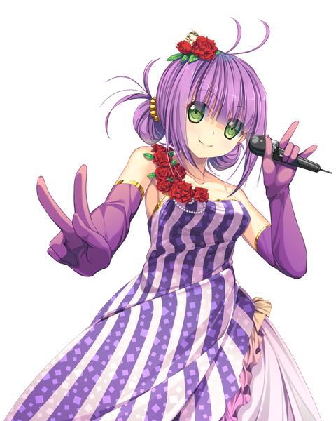 Anime picture 1024x1280 with original 33paradox single tall image looking at viewer short hair green eyes purple hair hair flower light smile victory transparent background girl dress gloves hair ornament flower (flowers) elbow gloves microphone