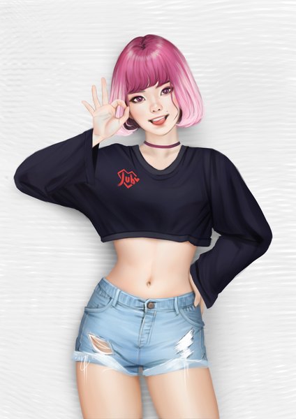 Anime picture 2480x3508 with original greyzie angel jubi (regiana) single tall image looking at viewer fringe highres short hair simple background smile pink hair blunt bangs long sleeves head tilt pink eyes mole hand on hip lipstick ok sign