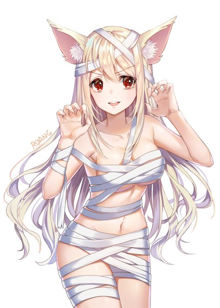 Anime picture 700x976 with original roang single long hair tall image looking at viewer blush fringe breasts open mouth light erotic simple background blonde hair smile hair between eyes red eyes standing white background signed animal ears