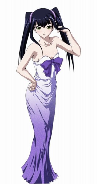 Anime picture 423x800 with ikkitousen starless saji genpou (true) single long hair tall image looking at viewer blush fringe breasts black hair simple background standing white background twintails bare shoulders green eyes payot cleavage full body