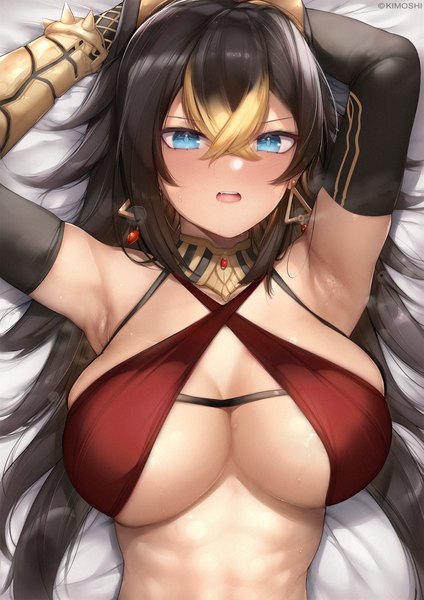 Anime picture 1412x2000 with genshin impact dehya (genshin impact) kimoshi single long hair tall image looking at viewer blush fringe breasts open mouth blue eyes light erotic black hair hair between eyes large breasts signed animal ears upper body lying
