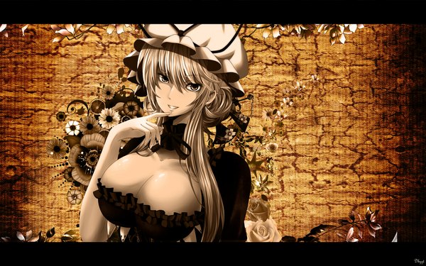 Anime picture 1920x1200 with touhou yakumo yukari single long hair highres breasts light erotic blonde hair wide image large breasts yellow eyes cleavage finger to mouth brown background girl dress