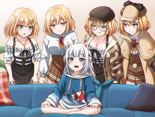 Anime picture 3641x2743 with virtual youtuber hololive hololive english gawr gura gawr gura (1st costume) watson amelia jan azure long hair fringe highres short hair breasts open mouth blue eyes blonde hair smile hair between eyes sitting multiple girls animal ears