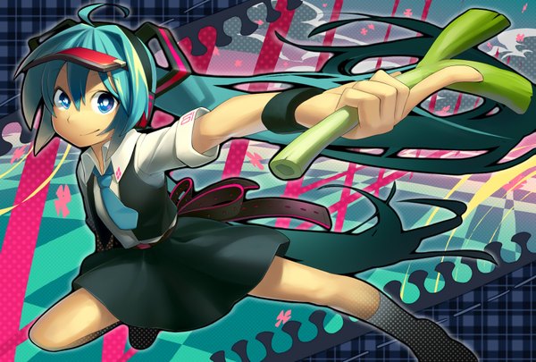 Anime picture 1748x1181 with vocaloid hatsune miku aisora single long hair highres blue eyes smile twintails aqua hair girl skirt uniform school uniform miniskirt necktie skirt set leek