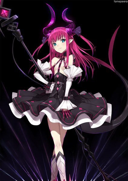 Anime picture 919x1300 with fate (series) fate/extra fate/extra ccc elizabeth bathory (fate) (all) elizabeth bathory (fate) fame peera single long hair tall image looking at viewer light erotic simple background twintails signed pink hair tail head tilt horn (horns) aqua eyes pointy ears