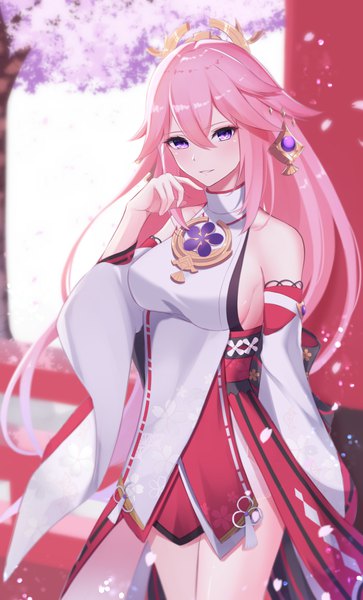Anime picture 2119x3506 with genshin impact yae miko masamune tokunaga single long hair tall image looking at viewer blush fringe highres breasts smile hair between eyes standing white background purple eyes bare shoulders payot pink hair outdoors