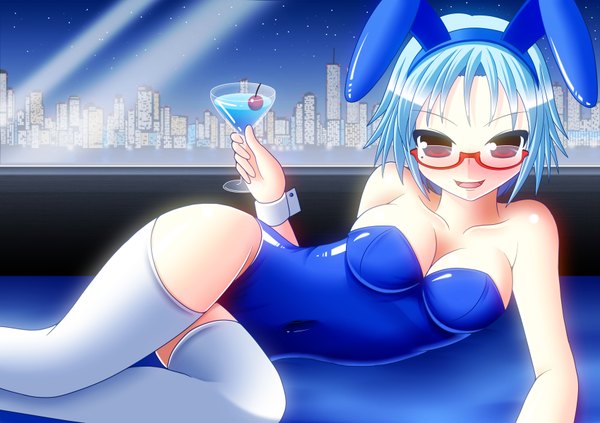 Anime picture 1700x1200 with short hair light erotic red eyes blue hair bunny ears city girl thighhighs glasses bunnysuit drink