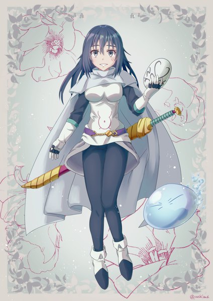 Anime picture 900x1273 with tensei shitara slime datta ken 8bit rimuru tempest izawa shizue yusshii long hair tall image looking at viewer fringe breasts black hair smile hair between eyes large breasts standing holding signed payot full body black eyes