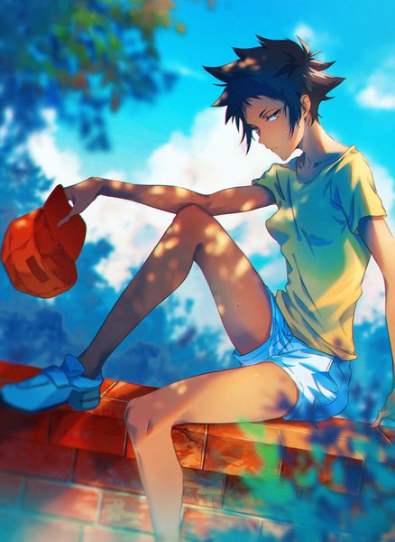 Anime picture 1824x2500 with great pretender abigail jones tamayai single tall image looking at viewer highres short hair black hair sitting brown eyes sky cloud (clouds) outdoors sweat dark skin hat removed headwear removed brick wall tomboy