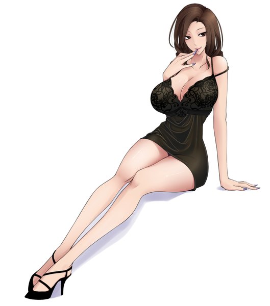 Anime picture 1500x1700 with original baru (val-val) single long hair tall image breasts light erotic black hair simple background white background brown eyes cleavage nail polish huge breasts girl