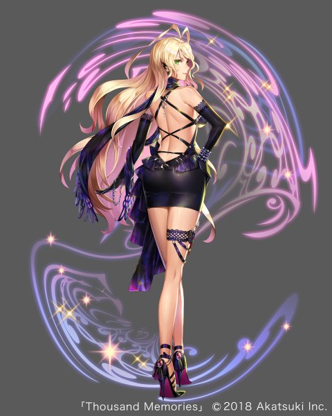 Anime picture 1920x2400 with original nemusuke single long hair tall image looking at viewer fringe highres light erotic simple background blonde hair standing bare shoulders green eyes full body ahoge profile looking back from behind grey background