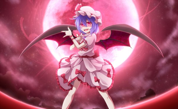 Anime picture 2000x1222 with bishoujo senshi sailor moon touhou toei animation remilia scarlet evandragon single looking at viewer highres short hair open mouth smile red eyes wide image blue hair sky cloud (clouds) nail polish :d night fang (fangs)