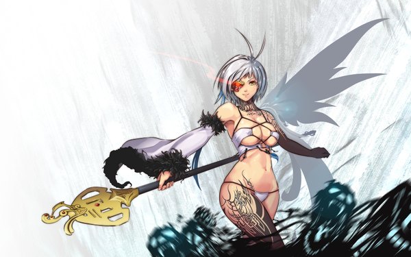 Anime picture 1638x1024 with original dz single looking at viewer blush fringe short hair breasts open mouth light erotic smile red eyes wide image standing bare shoulders holding yellow eyes ahoge grey hair teeth