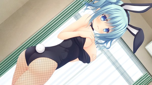 Anime picture 1280x720 with sora tobu hitsuji to manatsu no hana kirisame yuu hazumi rio single long hair blush breasts open mouth blue eyes light erotic wide image large breasts twintails bare shoulders animal ears blue hair game cg ass tail animal tail