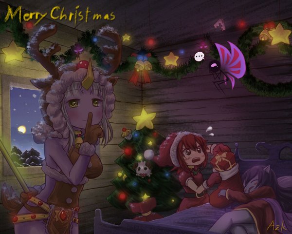 Anime picture 1280x1024 with league of legends lulu (league of legends) annie (league of legends) soraka (league of legends) poro (league of legends) tagme (artist) long hair blush short hair smile multiple girls yellow eyes purple hair red hair eyes closed horn (horns) grey hair finger to mouth christmas sleeping