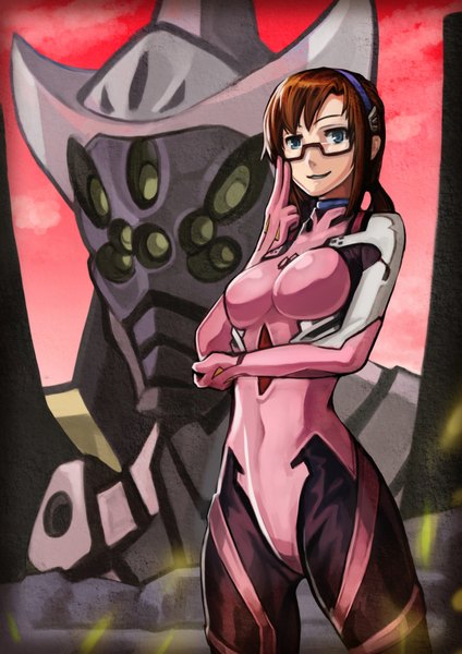 Anime picture 744x1052 with neon genesis evangelion gainax makinami mari illustrious goomrrat single long hair tall image looking at viewer breasts blue eyes smile brown hair covered navel girl glasses bodysuit