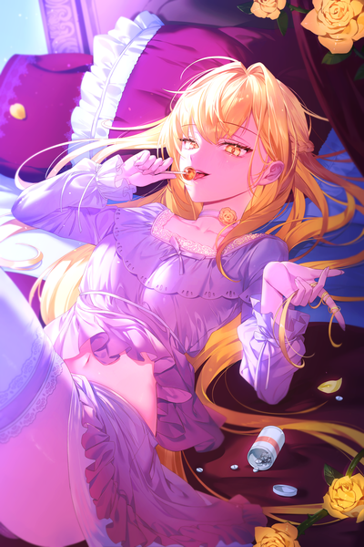 Anime picture 3200x4800 with novalpia cchuap single long hair tall image looking at viewer fringe highres open mouth light erotic blonde hair yellow eyes absurdres bent knee (knees) indoors lying blunt bangs long sleeves on back licking