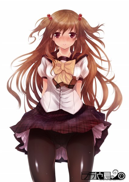 Anime-Bild 1254x1770 mit original ainili (artist) single long hair tall image looking at viewer blush light erotic simple background red eyes brown hair white background twintails pantyshot short twintails skirt lift girl uniform bow school uniform