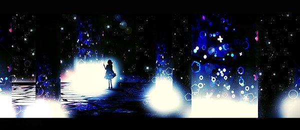 Anime picture 2300x1004 with original harada miyuki single highres wide image from behind back glowing soft beauty girl dress star (symbol) star (stars)
