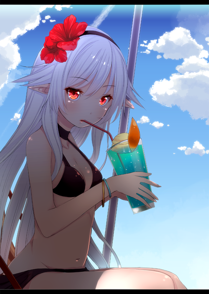 Anime picture 852x1200 with original afilia (kiyomin) kiyomin single long hair tall image looking at viewer fringe light erotic red eyes sitting holding sky cloud (clouds) white hair hair flower pointy ears letterboxed drinking girl