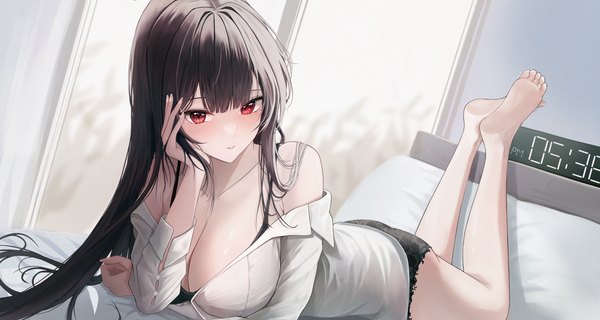 Anime picture 6809x3627 with original themaree single long hair looking at viewer blush fringe highres light erotic black hair red eyes wide image absurdres ass indoors lying blunt bangs parted lips head tilt barefoot