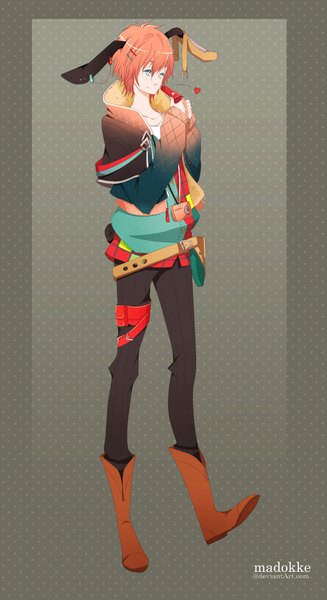 Anime picture 1024x1878 with original nebeskaa single tall image short hair simple background smile standing animal ears aqua eyes orange hair open clothes open jacket boy hair ornament jacket boots belt heart hairclip