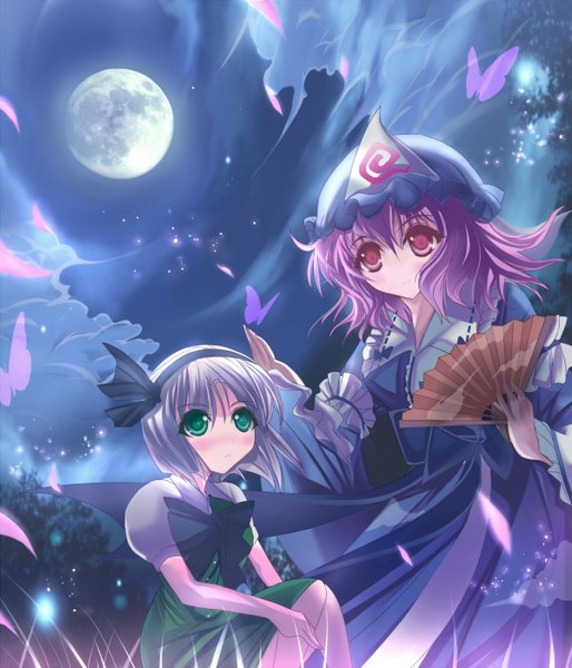 Anime picture 1200x1400 with touhou konpaku youmu saigyouji yuyuko marionette (excle) tall image blush short hair red eyes multiple girls green eyes pink hair silver hair girl bow 2 girls petals insect butterfly moon fan