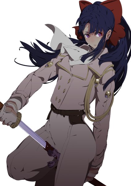 Anime picture 1652x2336 with sakura taisen shinguuji sakura bthx single long hair tall image simple background white background purple eyes blue hair ponytail military girl gloves uniform bow ribbon (ribbons) weapon hair bow hair ribbon