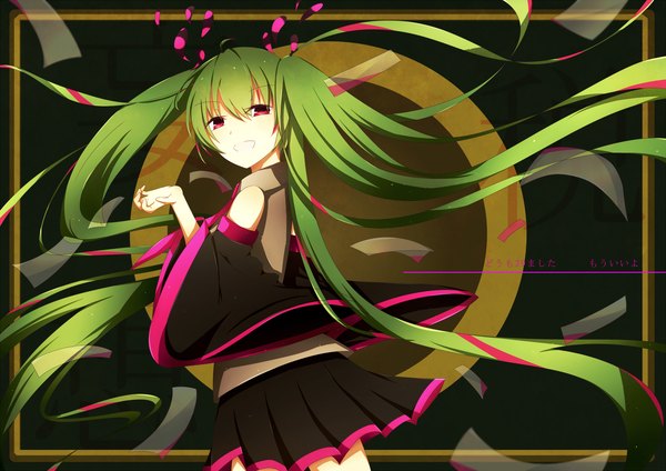 Anime picture 2500x1770 with vocaloid mousou zei (vocaloid) hatsune miku ameju (yuzui) single long hair highres smile red eyes twintails green hair girl skirt detached sleeves