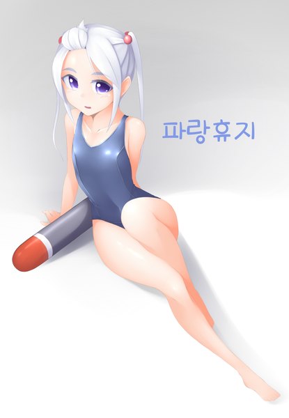 Anime picture 1486x2148 with blue paper roll single tall image looking at viewer short hair light erotic simple background purple eyes white hair parted lips girl swimsuit one-piece swimsuit torpedo