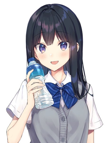 Anime picture 600x800 with original rimo single long hair tall image blush fringe open mouth black hair simple background smile hair between eyes white background purple eyes holding upper body head tilt :d short sleeves girl