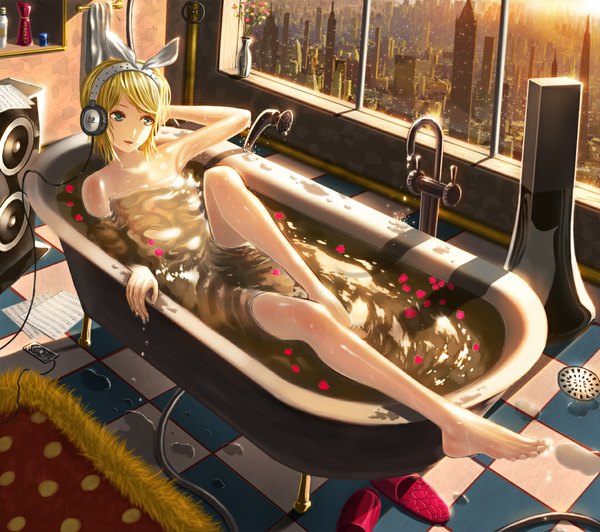 Anime picture 1080x958 with vocaloid kagamine rin doora (dora0913) blue eyes light erotic blonde hair looking away barefoot nude sunlight city bathing music girl flower (flowers) petals water headphones headband paper